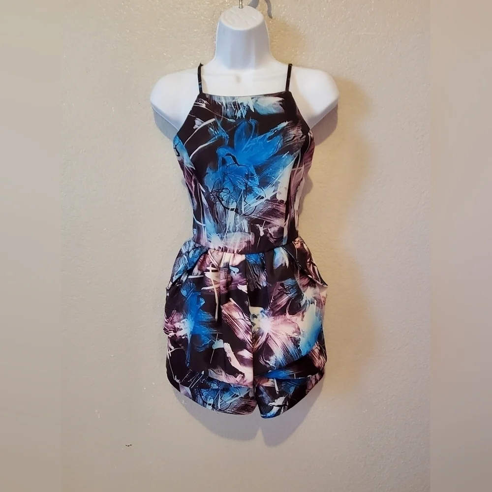 💚5/$25 ASOS OSMOSE Black Abstact Print Skort Dressy Romper Playsuit Size Small